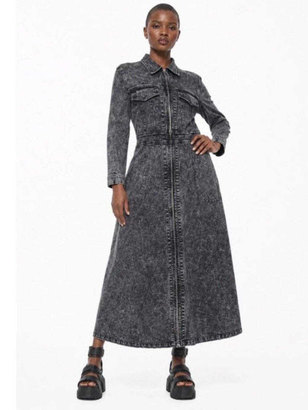 Norma Kamali Black Acid Wash Denim Maxi Coat Dress Size 4 Runway Street Style